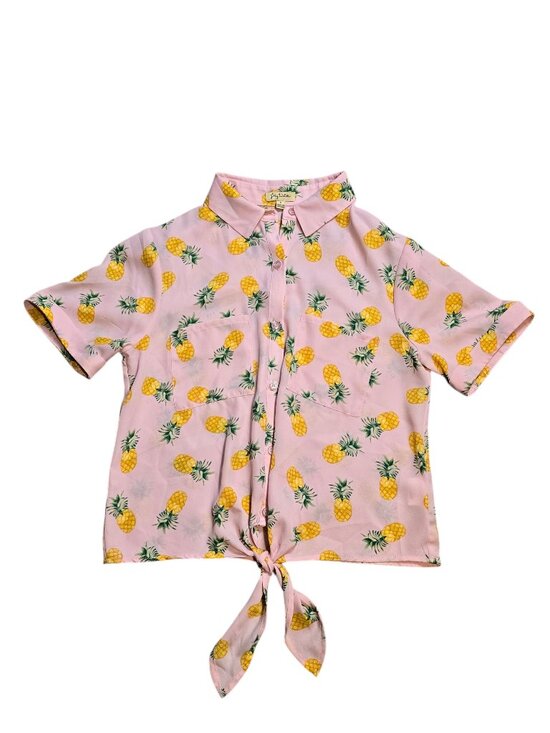 Lily White Tops - Lily White Women’s Short Sleeve Sheer Pink Pineapple Pattern Front Tie Button Up